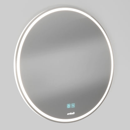 The Artika Mateo 28 in. LED mirror 3 CCT with defogger is a round, wall-mounted mirror featuring a glowing LED light border and two blue touch control icons at the bottom, shown on a plain light gray background.