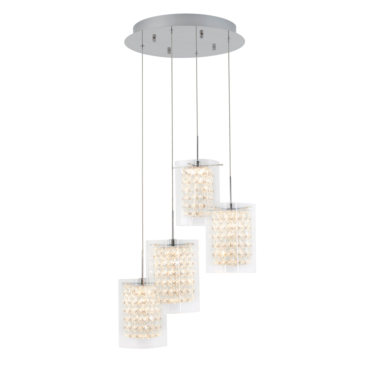A modern ceiling pendant light with four hanging cylindrical lampshades, each featuring a grid of sparkling crystal accents, suspended at different heights from a round silver base.
