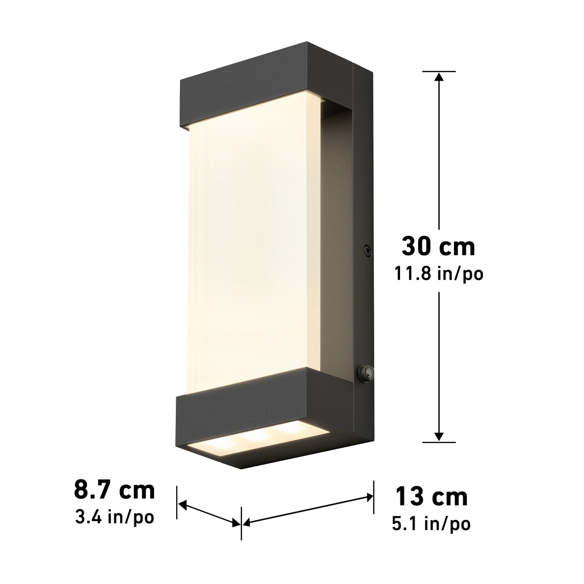 Rectangular wall-mounted light fixture with a frosted panel, black frame, and dimensions labeled: 30 cm height, 13 cm depth, and 8.7 cm width. Measurements are shown in both centimeters and inches.