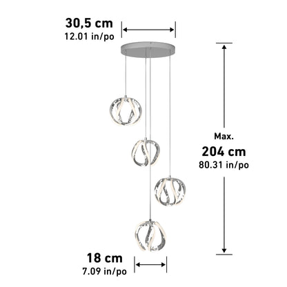 The Artika Vivaldi LED 4-light pendant features four hanging circular fixtures, measuring 30.5 cm wide, 18 cm deep, with a max hanging length of 204 cm.