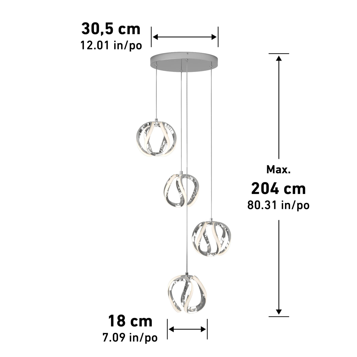 Modern hanging light fixture with four looped LED pendants at varying heights. Dimensions are shown: base width 30.5 cm (12.01 in), pendant drop max 204 cm (80.31 in), pendant diameter 18 cm (7.09 in).