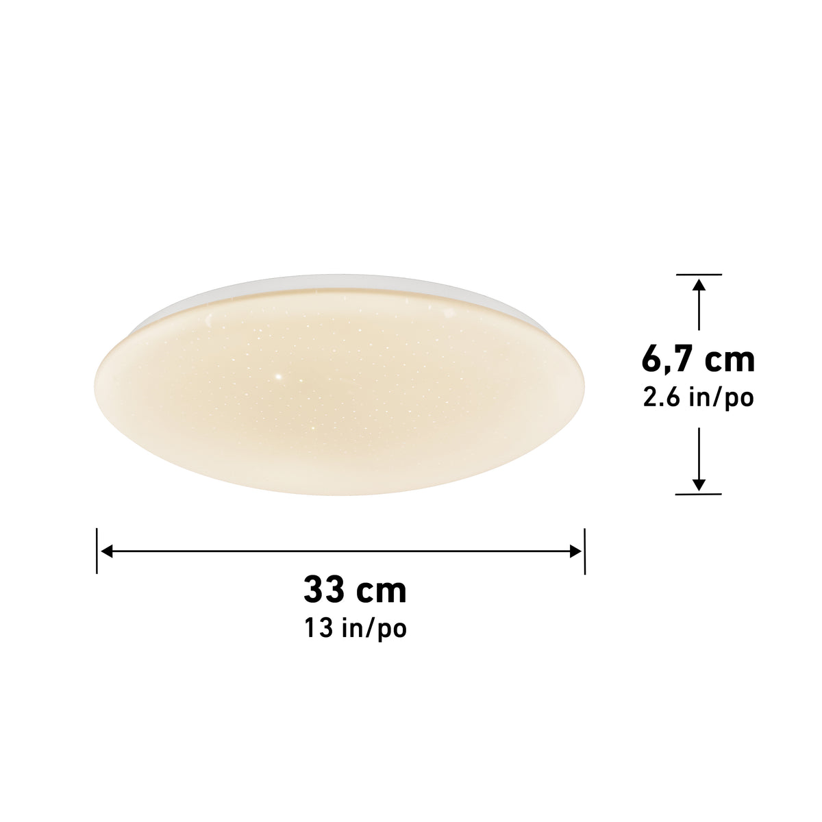 Round ceiling light fixture with a warm glow, shown with dimensions: 33 cm (13 in) wide and 6.7 cm (2.6 in) tall. The fixture has a smooth, dome-like shape.