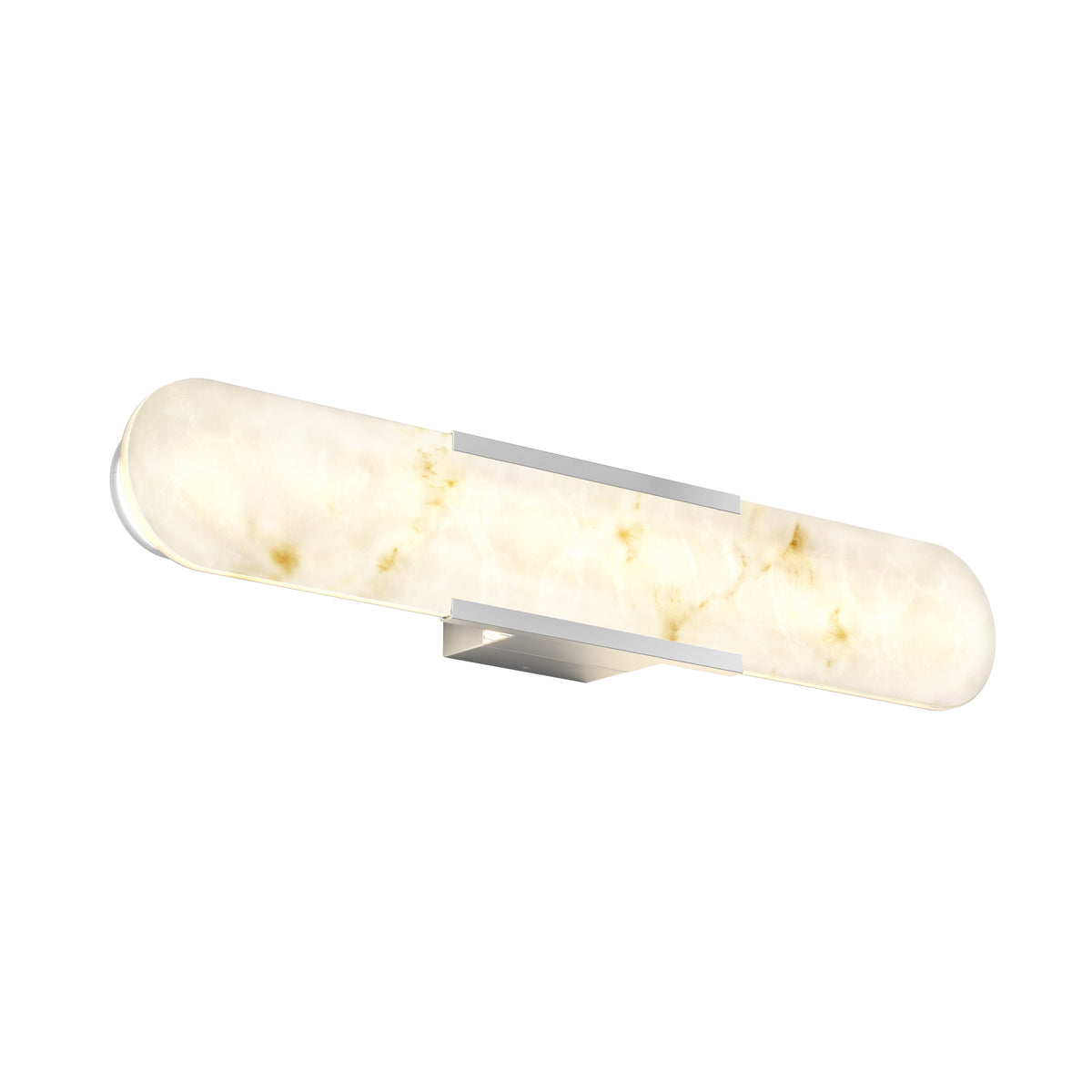A modern wall-mounted light fixture with a frosted, marble-like, elongated oval shade and metallic accents, emitting a soft, warm glow.