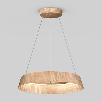 The Artika Tallis LED pendant light 5 CCT features a circular wood-finished shade suspended by three slender cables from a matching ceiling mount, shown against a plain light gray background.