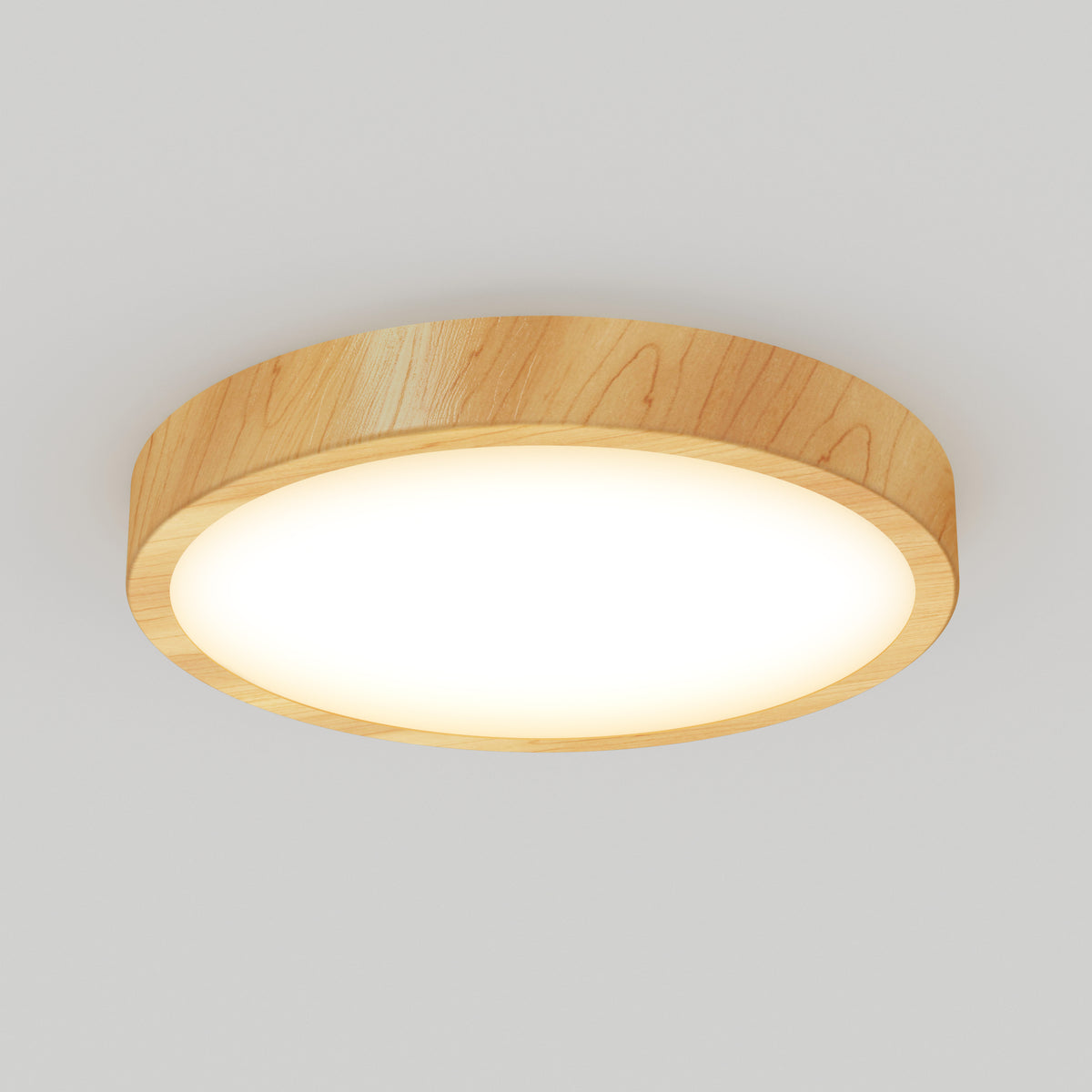 A round ceiling light fixture with a wooden frame and a white, glowing center, mounted on a plain white ceiling.