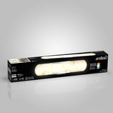 A rectangular black box with the brand name artika contains a Selena LED wall light, featuring a light stone-like pattern. The packaging displays product details, energy ratings, and icons on a gray background.