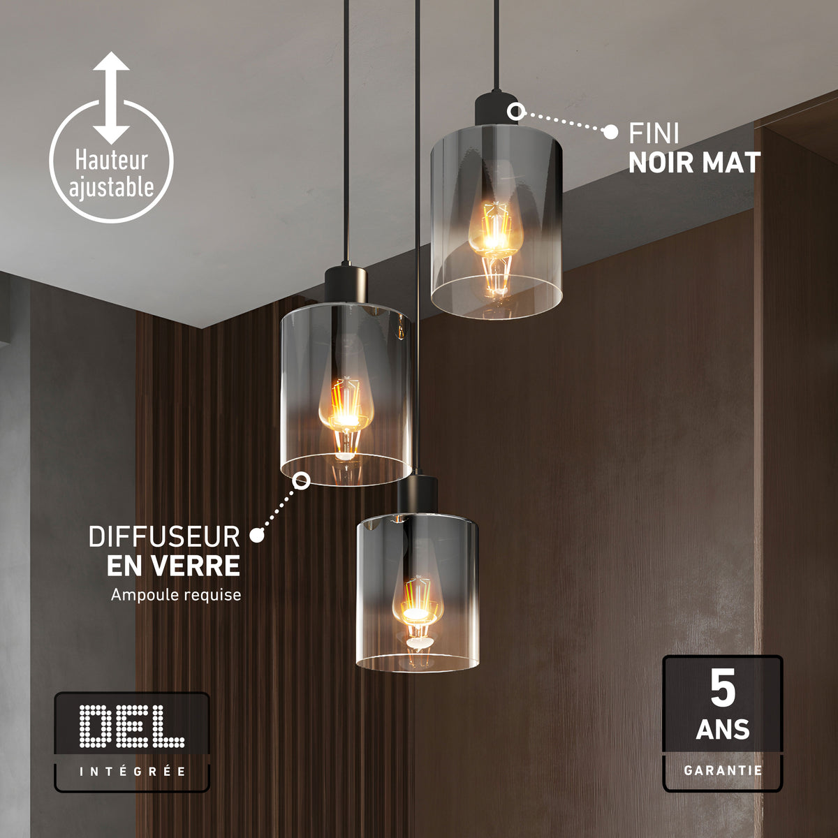 The Artika Haze modern 3-light pendant light with glass diffusers—perfect for kitchen islands; features and warranty in French.