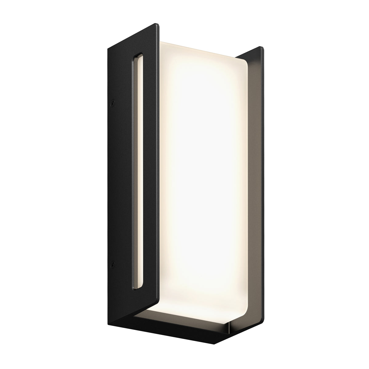 A modern wall sconce with a rectangular black metal frame and a frosted white light panel, designed with clean, minimalist lines and a soft glow.