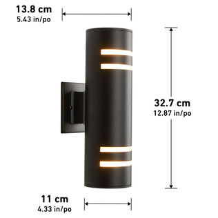 The Artika V3 indoor-outdoor wall light is a black cylindrical, wall-mounted fixture with horizontal illuminated slits. Dimensions: 13.8 cm (W) x 32.7 cm (H) x 11 cm (D); or 5.43 x 12.87 x 4.33.
