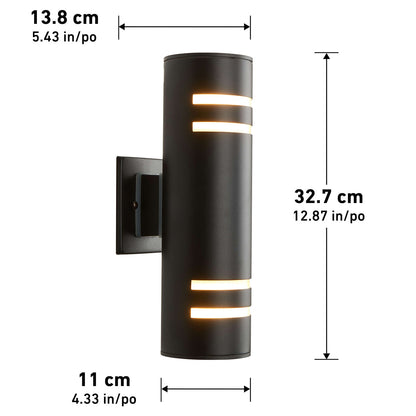 The Artika V3 indoor-outdoor wall light is a black cylindrical, wall-mounted fixture with horizontal illuminated slits. Dimensions: 13.8 cm (W) x 32.7 cm (H) x 11 cm (D); or 5.43 x 12.87 x 4.33.