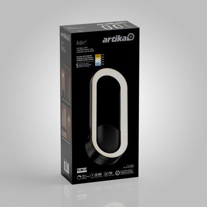 A black box displays the Artika Aiden modern LED indoor-outdoor wall light 5 CCT with an oval design, product image, brightness and lifespan icons, plus text highlighting features and energy efficiency.