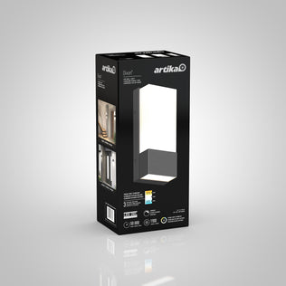 A black box for the Artika Dixon indoor-outdoor LED wall light, displaying images, specs, and details in white text on a gradient gray background.