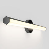 A modern, wall-mounted LED light fixture with a black base and a long, rectangular, illuminated bar, casting a soft glow against a plain white wall.