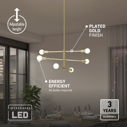 The Artika Aristo LED 5 CCT pendant light, a modern gold-finished chandelier, hangs in the dining room. It features six integrated LED globes, adjustable height, energy efficiency (no bulbs needed), and a 3-year warranty.