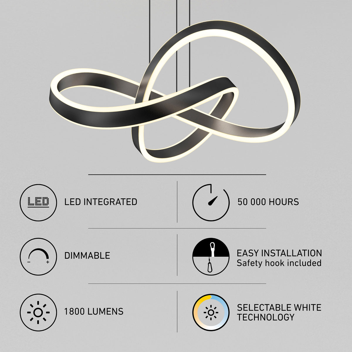 Artika Bolero LED pendant light, 5 CCT selectable, dimmable, 1800 lumens, integrated LEDs, easy install.
