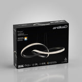 A black box featuring the Artika Morgan LED pendant light, showcasing a modern, looped design with integrated LEDs. Key product features and specifications are displayed on the front of the packaging.