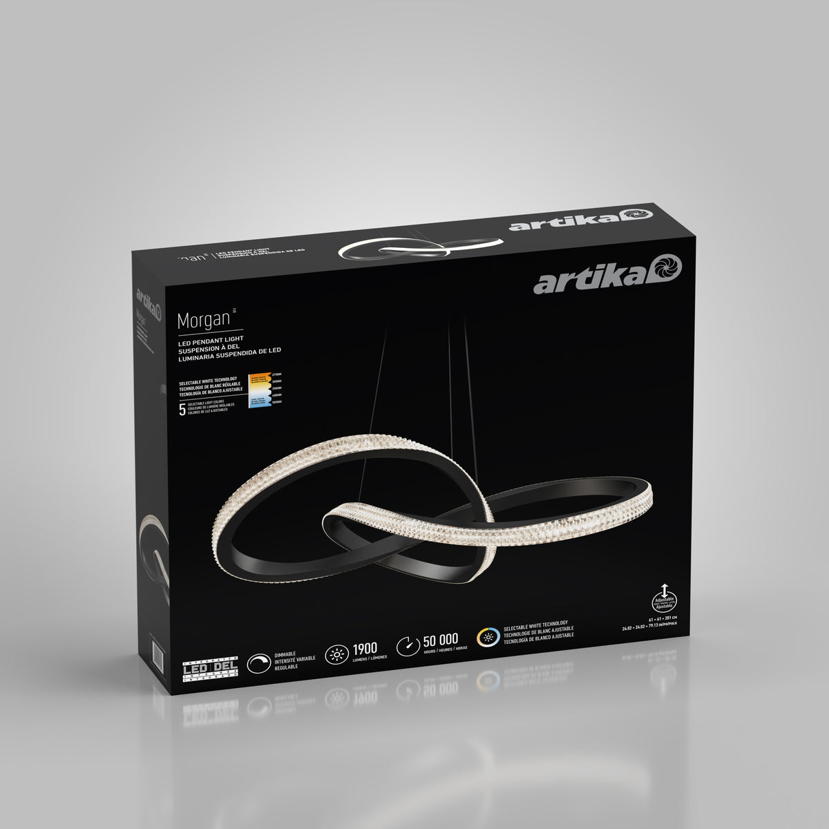 Black box packaging for the Artika Morgan LED contemporary pendant light 5 CCT, showcasing a modern sculptural fixture with intertwined loops, product specifications, and a five-year warranty displayed on the front.