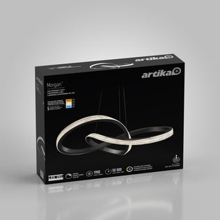 Black box packaging for the Artika Morgan LED contemporary pendant light 5 CCT, showcasing a modern sculptural fixture with intertwined loops, product specifications, and a five-year warranty displayed on the front.