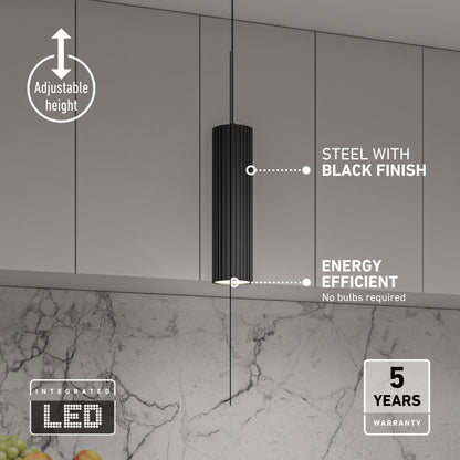 Artika Groove LED modern pendant light, 3 CCT, textured wood finish—perfect over kitchen islands; labeled features & warranty.