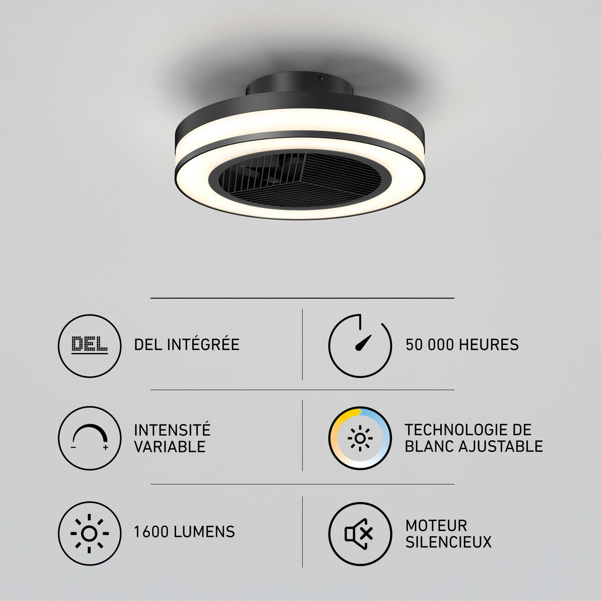 Artika Elton 19 in. LED fandelier ceiling fan with remote features French labels, icons, and adjustable options on a light gray background.