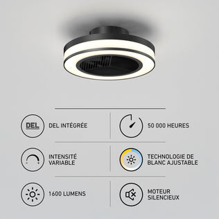 Artika Elton 19 in. LED fandelier ceiling fan with remote features French labels, icons, and adjustable options on a light gray background.