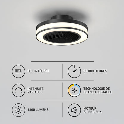 Artika Elton 19 in. LED fandelier ceiling fan with remote features French labels, icons, and adjustable options on a light gray background.