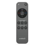 A gray Artika remote control with buttons for power, light warmth adjustment, night light, dimmer presets (20%, 50%, 100%), and color presets (warm, white, cool).