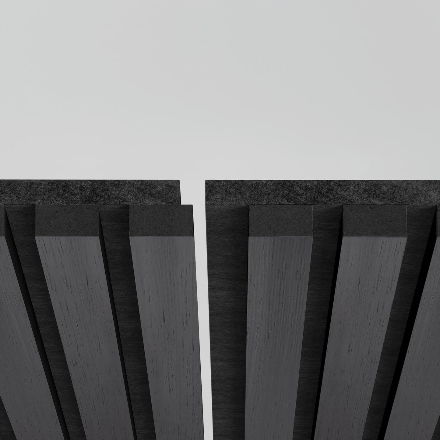 Close-up of two Artika-CAN-dev Sonolok 15.5 ft sound-absorbing wall panels with vertical slats, separated by a small gap, set against a plain light grey background.