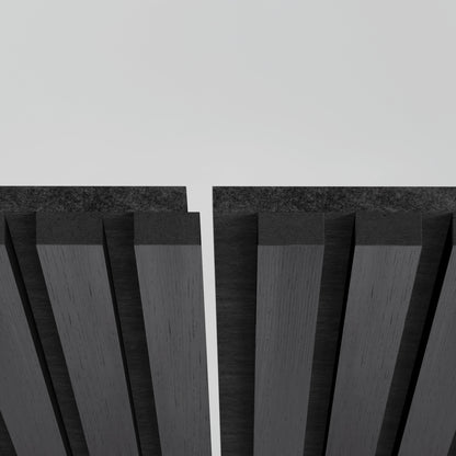 Close-up of two Artika-CAN-dev Sonolok 15.5 ft sound-absorbing wall panels with vertical slats, separated by a small gap, set against a plain light grey background.
