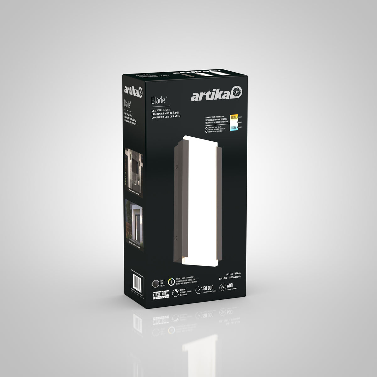 A black rectangular box with white and green text displays an Artika Blade LED wall sconce. The box shows product images, features, specifications, and energy efficiency details on a gradient grey background.