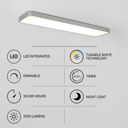 Artika Europa 48 in. x 12 in. Modern Flush Mount Ceiling Light with icons for dimmable, timer, night light, and 3500 lumen features.