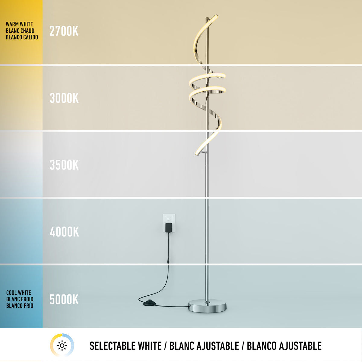 The Artika Coda modern LED floor lamp 5CCT features five selectable white light color temperatures (2700K–5000K) from warm to cool, shown on a split background with selectable white text at the bottom.