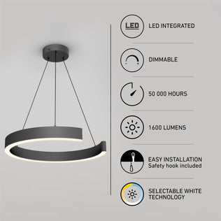 The Artika Vance modern LED pendant light 3 CCT features dimmable, integrated LEDs, 1600 lumens, 50,000-hour lifespan, easy installation, and selectable white technology—all highlighted by icons and text.