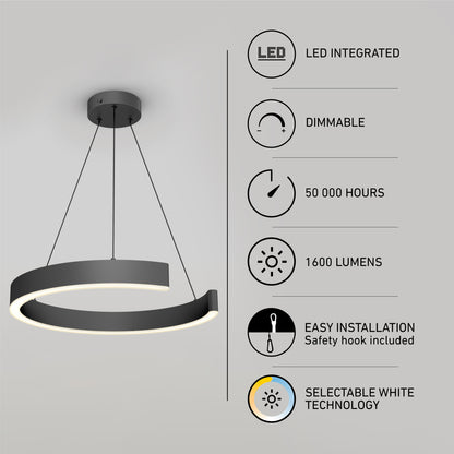The Artika Vance modern LED pendant light 3 CCT features dimmable, integrated LEDs, 1600 lumens, 50,000-hour lifespan, easy installation, and selectable white technology—all highlighted by icons and text.