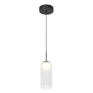 The Artika Mirah LED modern mid-century pendant light 3 CCT features a black ceiling mount, black cord, and a clear cylindrical glass shade over a white bulb.
