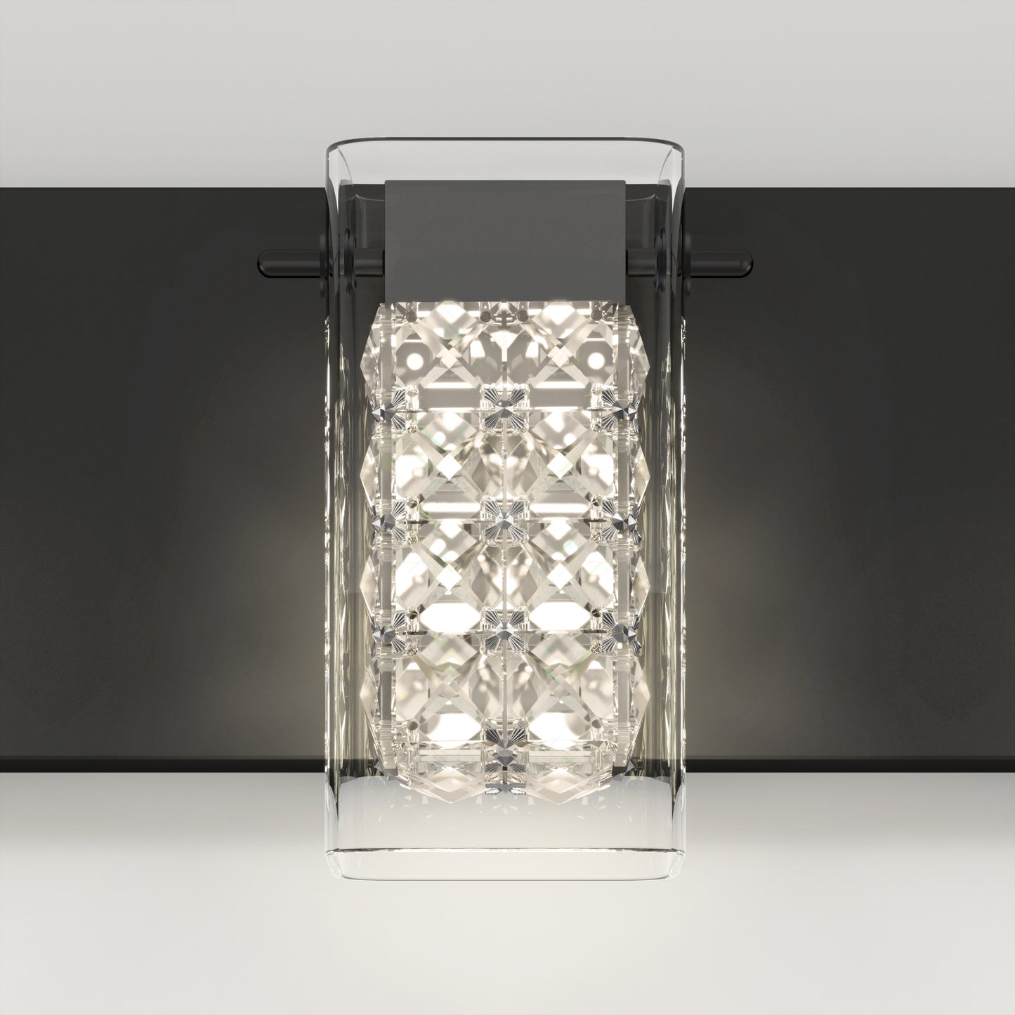 The Artika Crystal Cube LED bathroom vanity light features a transparent geometric glass cover, a sleek black rectangular base, and offers bright white illumination with 5 CCT options.
