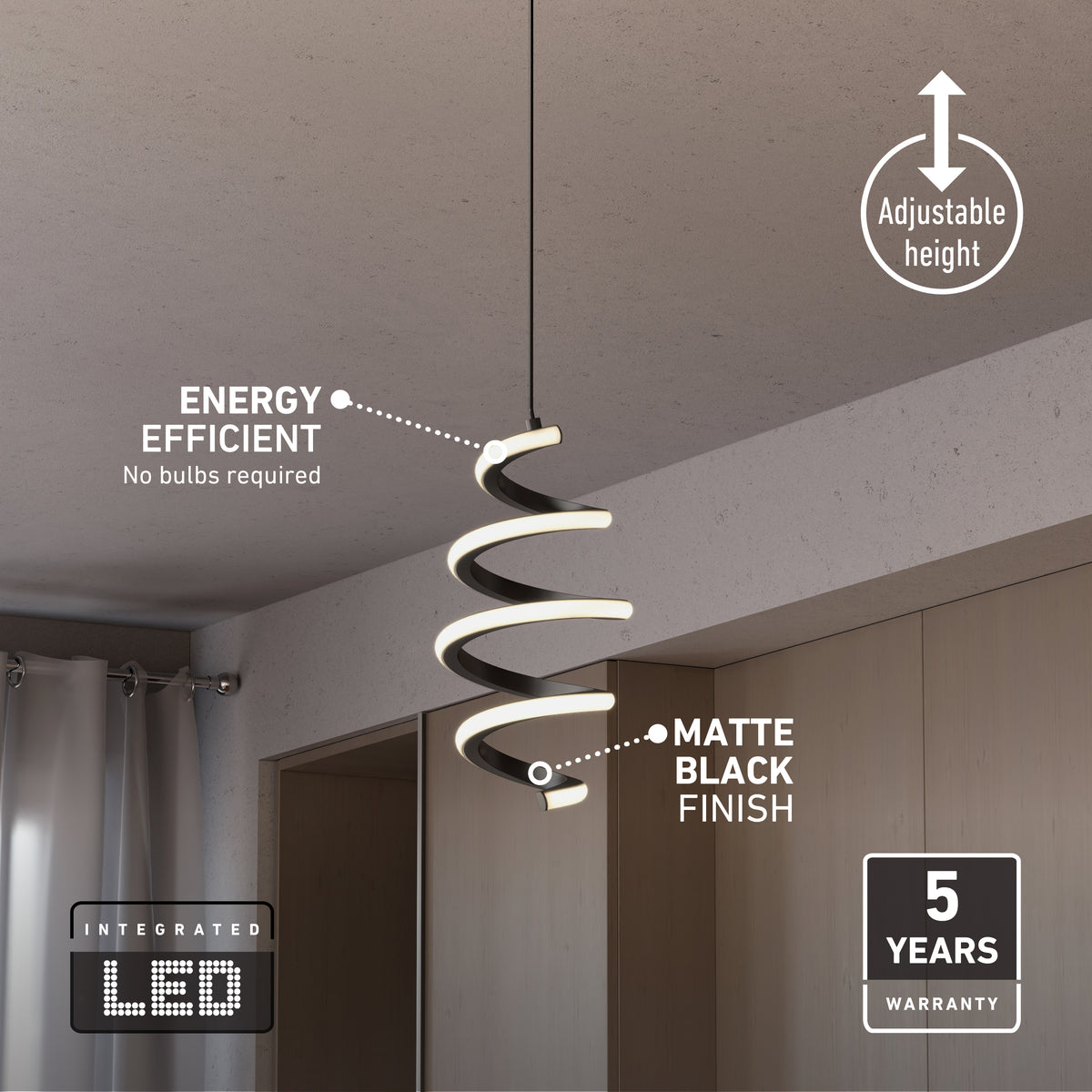 The Artika Chorus 1-light LED pendant 5 CCT features a modern spiral design with a matte black finish. It offers adjustable height, 5-color white technology, energy efficiency, no bulbs required, and comes with a five-year warranty.