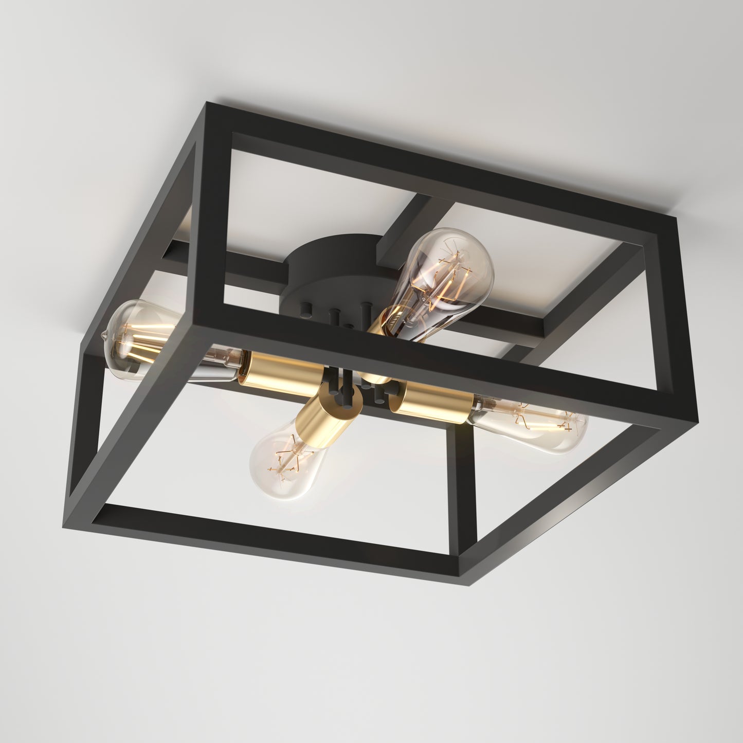 The Artika Princeton 4-light flush mount features a black rectangular metal frame with brass accents and four exposed bulbs in a cross pattern, installed on a white ceiling.