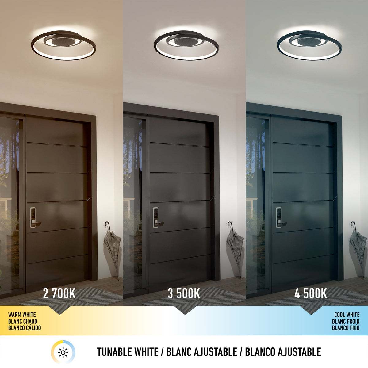 Three side-by-side images of a modern ceiling light above a door, each showing different lighting: warm white (2700K), neutral white (3500K), and cool white (4500K), with brightness changing from warm to cool.