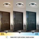 Three side-by-side images of a modern ceiling light above a door, each showing different lighting: warm white (2700K), neutral white (3500K), and cool white (4500K), with brightness changing from warm to cool.