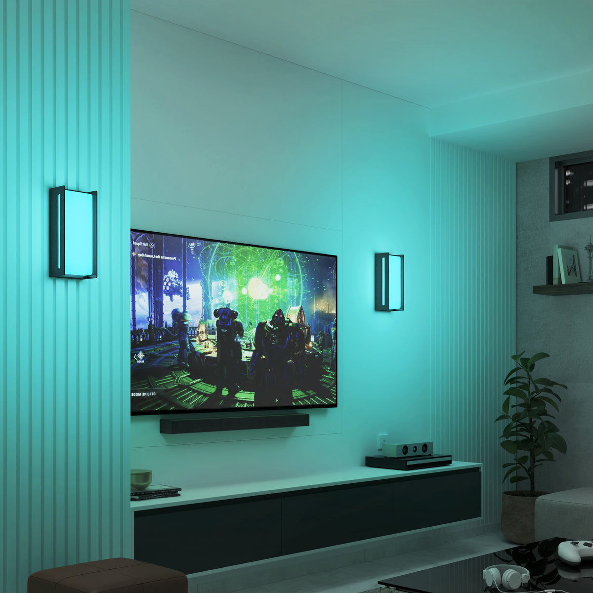 A modern living room with teal accent lighting, a wall-mounted TV displaying a sci-fi video game, two wall lamps, a low black TV cabinet, a plant, and shelves with decor items.