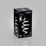 A black box with the Artika logo displays a modern spiral LED pendant light called “Chorus 1”. The box features an image of the lamp, product details, icons, and specifications in white and yellow text.