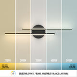A modern wall light is shown in five lighting settings from warm to cool (2700K, 3000K, 3500K, 4000K, 5000K) with the text “Selectable White / Blanc Ajustable / Blanco Ajustable” at the bottom.