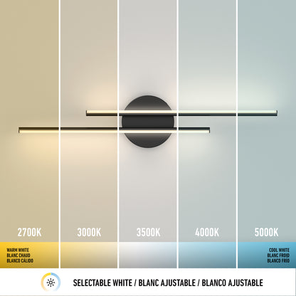 The Artika Cisco modern LED bathroom vanity light 5 CCT displays five vertical sections, each showing a different white temperature—2700K (warm), 3000K, 3500K, 4000K, and 5000K (cool)—with labels and a selectable white icon underneath.