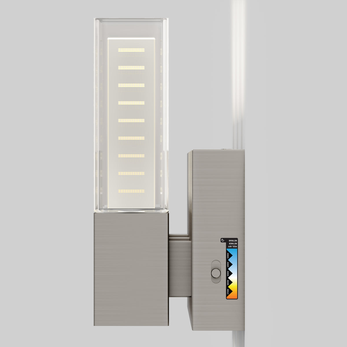 A modern, wall-mounted light fixture with a rectangular frosted glass shade, a metallic base, and a small control panel featuring a color gradient and a button on the side.