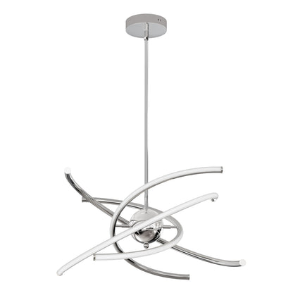 The Silvio LED pendant light 3 CCT by Artika features four intersecting chrome arms with integrated LED lights, suspended from a straight rod and round ceiling mount, shown against a white background.
