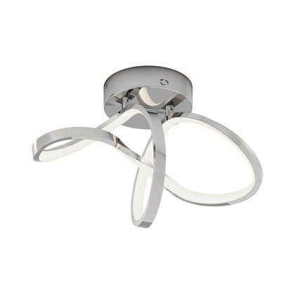 The Artika Loop modern LED flush mount light 3 CCT features a chrome base and three interwoven, curved LED strips forming abstract loops for a sleek, contemporary look ideal for modern home interiors.