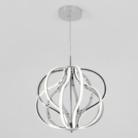 The Meridian LED pendant light by Artika showcases a chrome finish and curved, intertwined LED strips, suspended from a round mount by a slim cord against a plain white background.