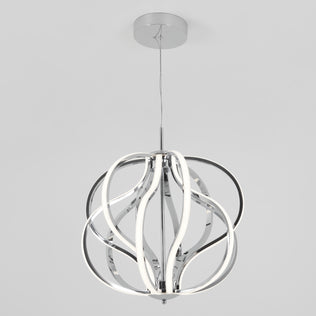The Meridian LED pendant light by Artika showcases a chrome finish and curved, intertwined LED strips, suspended from a round mount by a slim cord against a plain white background.