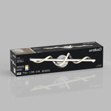 A rectangular Artika Coda LED vanity light box with an image of the wavy, modern light fixture on the front. The packaging is mostly black with white and yellow text and product details.